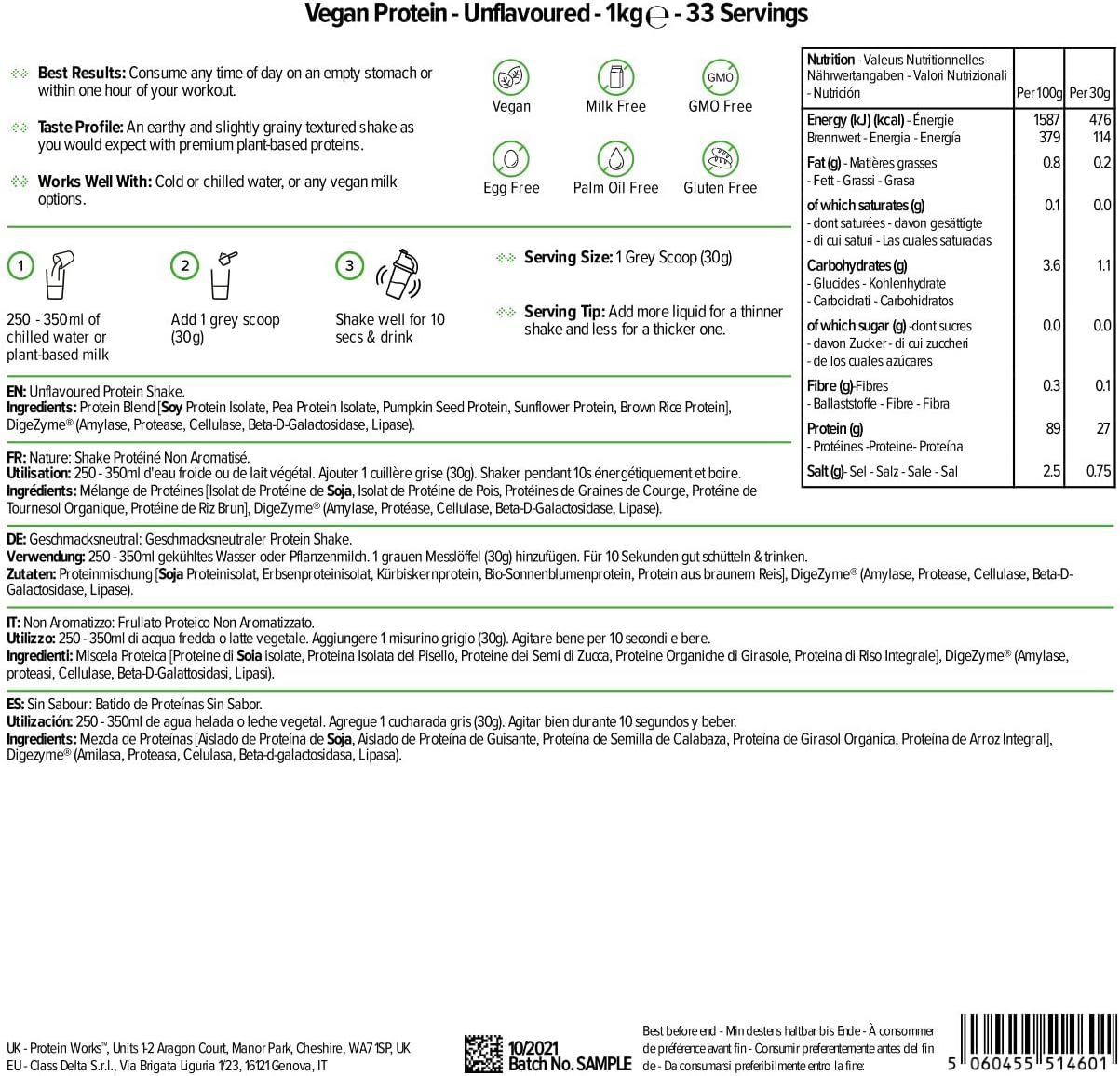 Protein Works - Proteína Vegana - 100% a Base De Plantas - Sin Gluten - Bajo En Grasas - Sin Sabor - 1 Kg