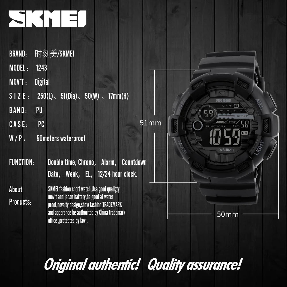 Outdoor Sport Watch Men Multifunction 5Bar Waterproof PU Strap LED Display Watches Chrono Digital Watch Reloj Hombre 1243